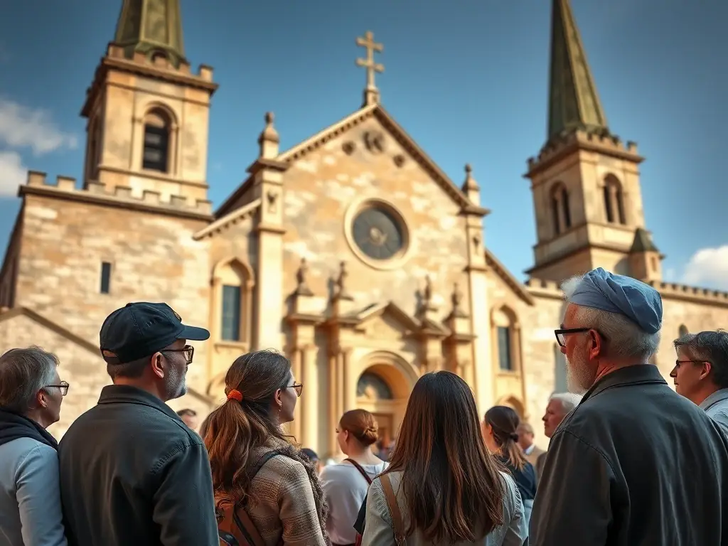 An image of a guided tour group listening to a historian in front of a historic church, highlighting the educational aspect of the organization's activities.
