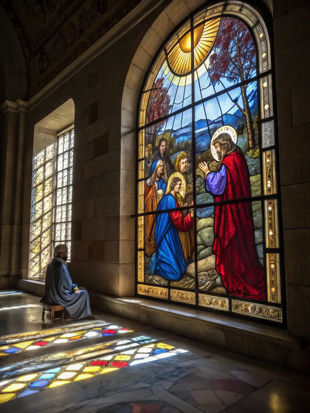 A beautifully restored stained glass window inside a historic church in Bourbonnais, bathed in soft, colorful light, showcasing the organization's heritage preservation efforts.