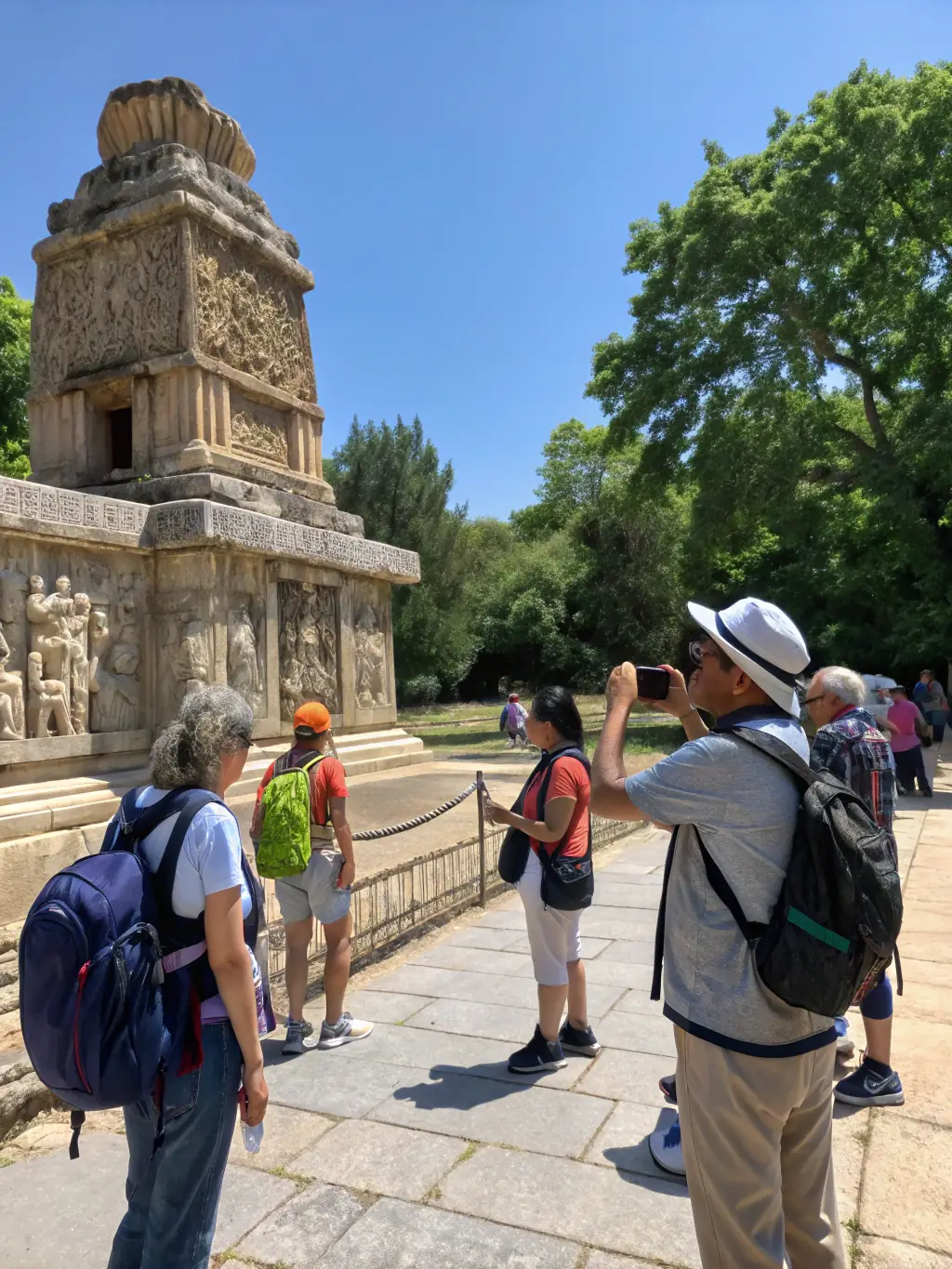 A vibrant photo of a guided tour group exploring a historic religious site in Bourbonnais, led by a knowledgeable guide, highlighting the organization's educational and cultural events.