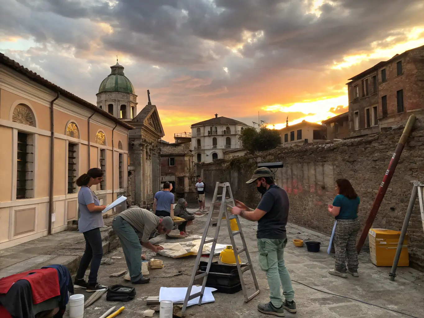 A photo of volunteers restoring a historic church facade with scaffolding and preservation tools, showcasing the hands-on work involved in maintaining religious heritage sites.