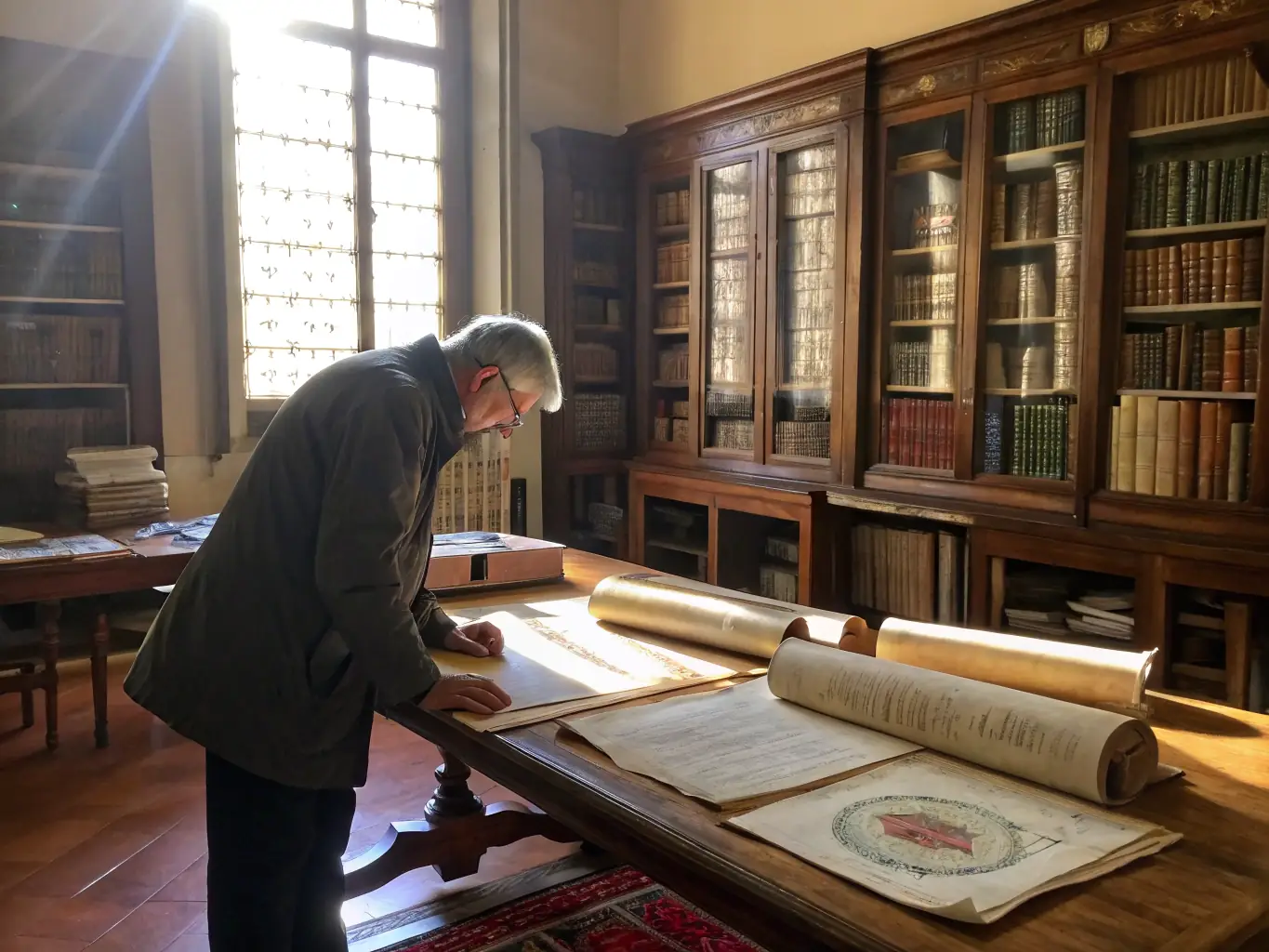 A researcher examining old manuscripts in a well-lit archive room, emphasizing the importance of documentation and research in preserving religious heritage.